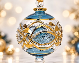Hand Blown Glass Jeweled Globe Ornament, Egyptian Christmas Ornament, 14K Gold Accents, Ornate Artisan Holiday Decor, Unique Gift