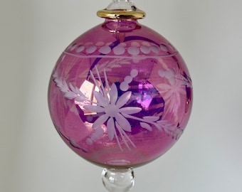 Mundgeblasenes ägyptisches Glas, geätzte Blumenkugel mit 14K Goldakzenten, eleganter Urlaub, Weihnachtsbaumdekoration, hergestellt