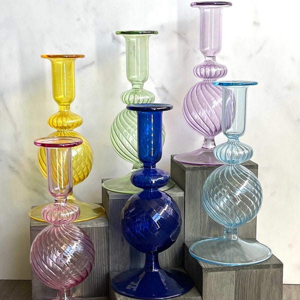 Egyptian Hand Blown Spiral Globe Swirl Glass Candle Stick Holders (Pink,Yellow,Purple,Cobalt Blue) Pillar Candle Stand, Wedding Table Decor