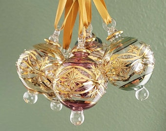 Egyptian Hand Blown Glass Small Globe Ornament with Flower Design, Gold Accents & Raised Glass Beads, Handmade Christmas Tree Decoration