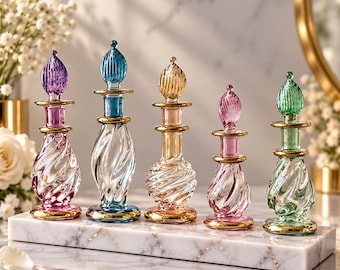 Set of 5 Egyptian Hand Blown Glass Perfume Bottles, Assorted Swirl Design Mini Bottles, 14K Gold Accent Decorative Collectible Gift