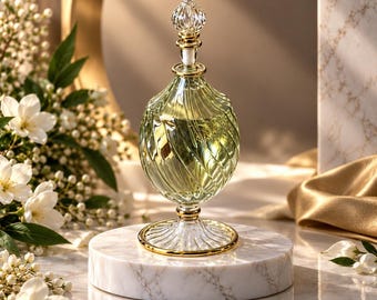 Egyptian Hand Blown Glass Perfume Bottle, Oval Teardrop Shape, Swirl Ribbed Design, Pedestal Fragrance Oil Bottle, Artisan Vanity Decor