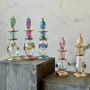 Miniature Egyptian Perfume Bottles: Gold Design Hand Blown Glass Set