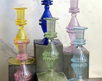 Egyptian Hand Blown Gems Swirl Glass Candle Stick Holders, Pillar Candle Stand, Table Centerpiece, Elegant Taper Candle Stand, Wedding Decor