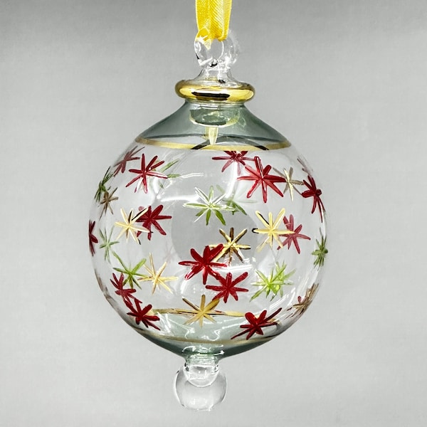 Large Crystal Ball Ornament with Hand Painted North Stars Design, Egyptian Blown Glass Christmas Tree Ornament, Holiday Xmas Decoration Gift