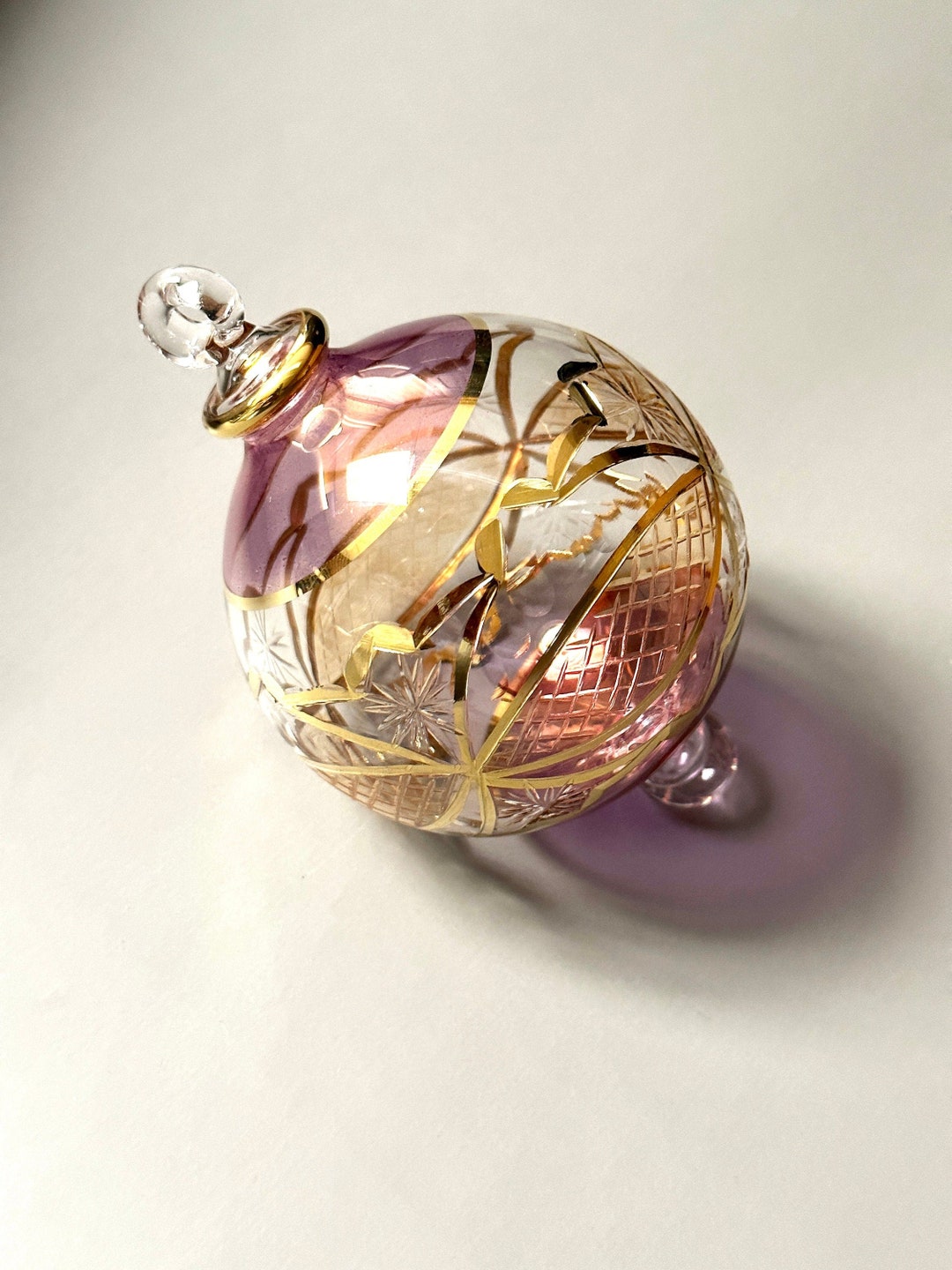 Large Glass Ball Ornament W/ Geometric Design & 14K Gold Accents
