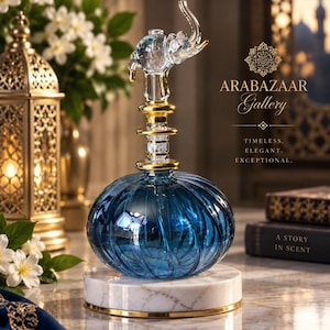 Egyptian Hand Blown Glass Perfume Bottle, Ribbed Round Bottle with Elephant Stopper, Decorative Fragrance Oil Bottle, Artisan Vanity Decor