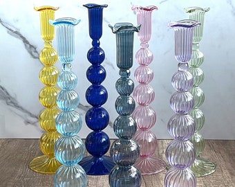Modern Hand Blown Tall Puffed Swirl Glass Candle Stick Holders(Blue,Pink,Purple,Cobalt Blue, Light Green) Pillar Candle Stand Egyptian Decor