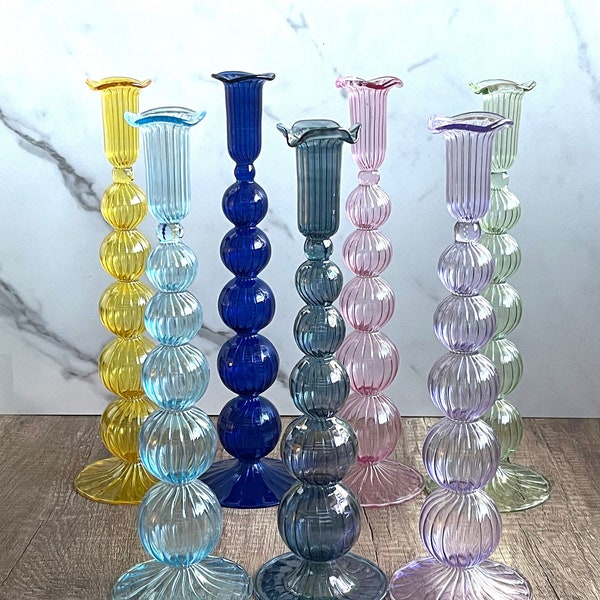 Modern Hand Blown Tall Puffed Swirl Glass Candle Stick Holders(Blue,Pink,Purple,Cobalt Blue, Light Green) Pillar Candle Stand Egyptian Decor