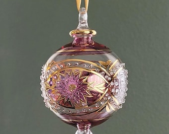 Handmade Egyptian Hand Blown Glass Christmas Ornament with 14K Gold Geometric Flower Design