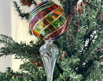 Mundgeblasene ägyptische Glas-Weihnachtsverzierung mit Kristallstamm, mehrfarbiger Swirl-Globus, handgemalter Weihnachtsbaum-Dekor