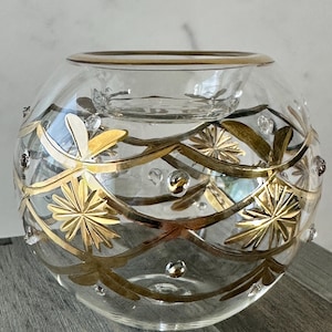 Egyptian Hand Blown Clear Glass Tea Light Holder w/ Floral Geometric Pattern, Votive Candle Holder, Tealight Candle Holder, Wedding Decor