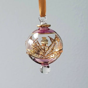 Hand Blown Glass Christmas Ornament: Egyptian Flower Design with Gold