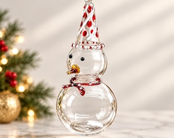 Egyptian Hand Blown Glass Snowman Ornament, Whimsical Snowman Christmas Ornament, Artisan Glass Tree Decoration, Holiday Gift
