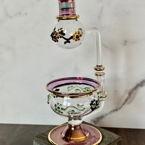 Egyptian Hand Blown Glass Essential Oil Burner, Unique Luxury Embossed Glass Art w/ 14K Gold Design, Aroma Oil Diffuser, New Home Gift Purple