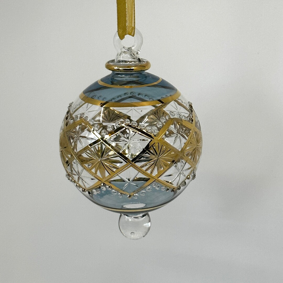 Large Glass Balls Christmas Ornaments Hand Painted Gold Star Design & Raised Beads, Egyptian