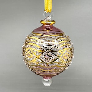 Large Glass Ball Ornament with Gold Geometric Design & Red Ends Glass, Egyptian Hand Blown Glass Globe Ornaments, Christmas Tree Decoration