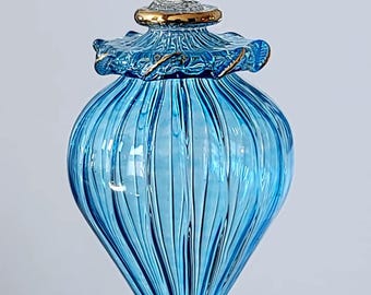 Hand Blown Egyptian Glass Ornament: Elegant Teardrop Globe with 14K Gold Accent