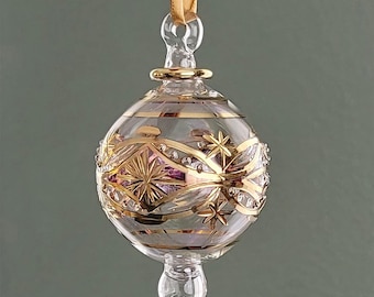 Hand Blown Glass Christmas Ornament: Egyptian Floral Globe with Gold Accents