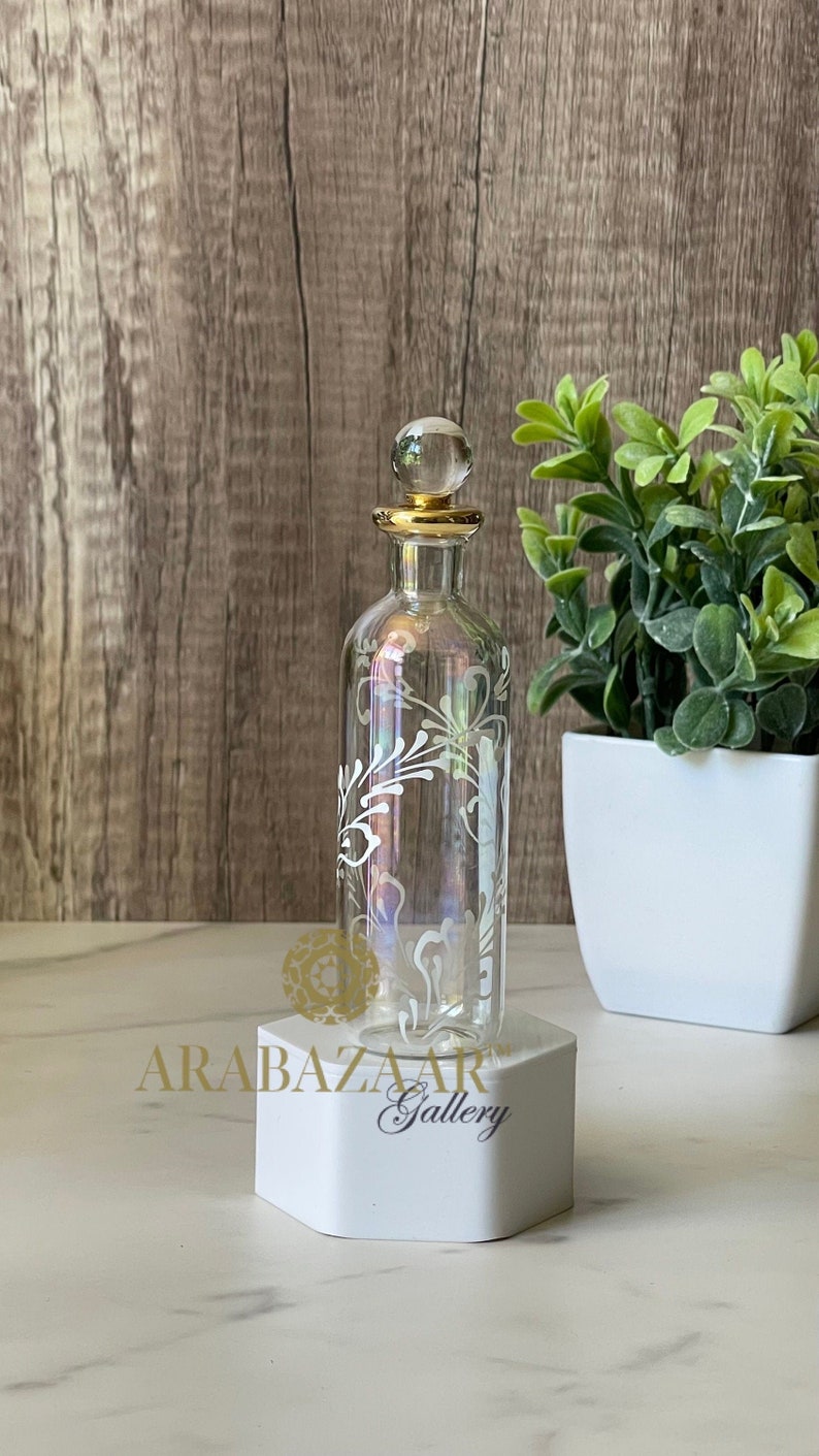 Ägyptische Parfümflasche aus mundgeblasenem Glas mit Stopfen, handbemalte zylindrische leere Parfümflasche mit 14-karätigem Goldbesatz, Sammlerstücke, 5 Farben Iridescent Clear