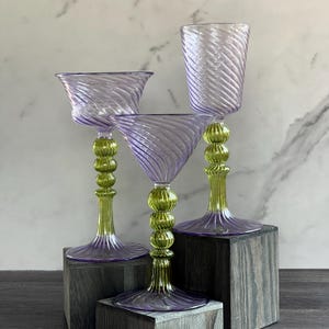 The Royal Light Purple & Olive Goblet Swirl Glass (Set of 3) Handblown Glassware, Vintage Drinking Glass, Table Centerpiece, Wedding Favors