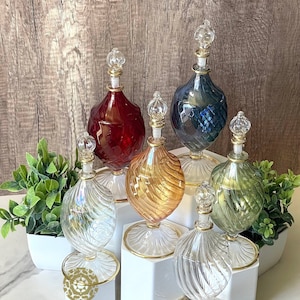 Vintage Egyptian Hand Blown Oval Swirl Glass Empty Perfume Bottle with Stopper & 14K Gold Trim,Decorated Perfume Bottle,Dresser Vanity Decor