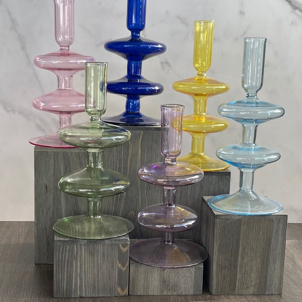 Egyptian Hand Blown Glass Trumpet Candle Holder, Candlestick Holders, Pillar Candle Stand, Colored Candle Container, Modern Home Decor