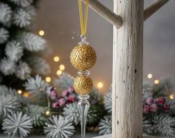 Ägyptische Mundgeblasene Glas Ornament | Granular Gold Doppel Globe mit Kristall Teardrop Basis | 14K Gold Akzente