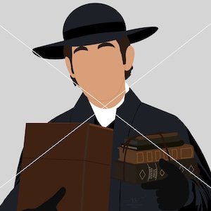 Puede incluir: Un hombre con un sombrero negro y un abrigo azul oscuro sostiene una caja marrón y una pila de libros.