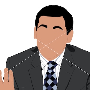 May include: A man in a dark gray suit with a white shirt and a black and white checkered tie. He is wearing a serious expression and has his hand raised.