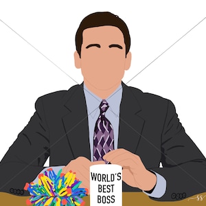 Puede incluir: Una ilustración de dibujos animados de un hombre con traje y corbata sentado en un escritorio con una taza que dice "El mejor jefe del mundo" y una bola de lana colorida.