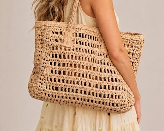 Bolso tote de paja tejida: bolso de hombro playero estilo bohemio vintage