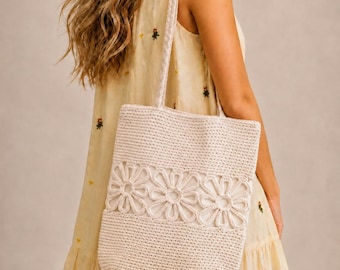 Handgemachte gehäkelte Blumen Top-Handtasche: Vintage Boho Baumwolltasche