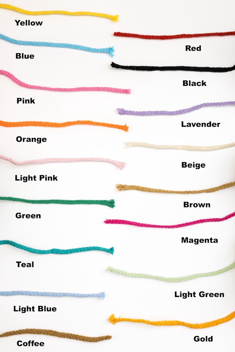 May include: A collection of colorful rope samples in various hues, including yellow, blue, pink, orange, light pink, green, teal, light blue, coffee, red, black, lavender, beige, brown, magenta, light green, and gold. Each rope is labeled with its color name.
