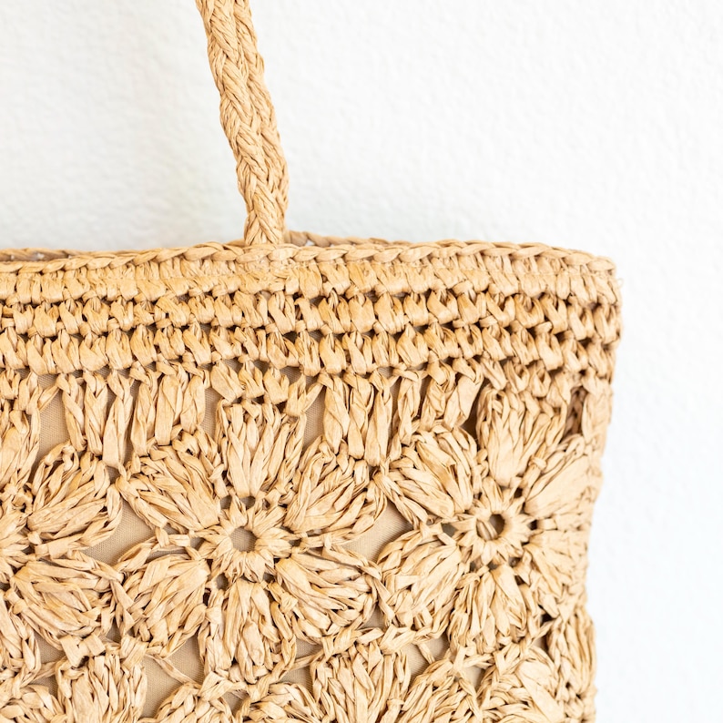 Floral Crochet Straw Tote Bag with Zipper – Fully Lined Summer Beach Bag, Boho Shoulder Bag with Pocket, Handmade Woven Purse