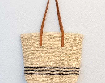 Sac fourre-tout en paille fait main : sac de plage tissé à bandoulière avec lanières en similicuir