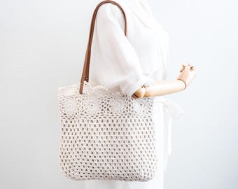 Floral Crochet Cotton Shoulder Bag - Elena Handbags - Ivory White