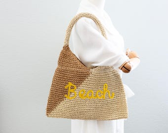 Bolso de playa de paja bicolor personalizado, bolso bohemio, regalo personalizado