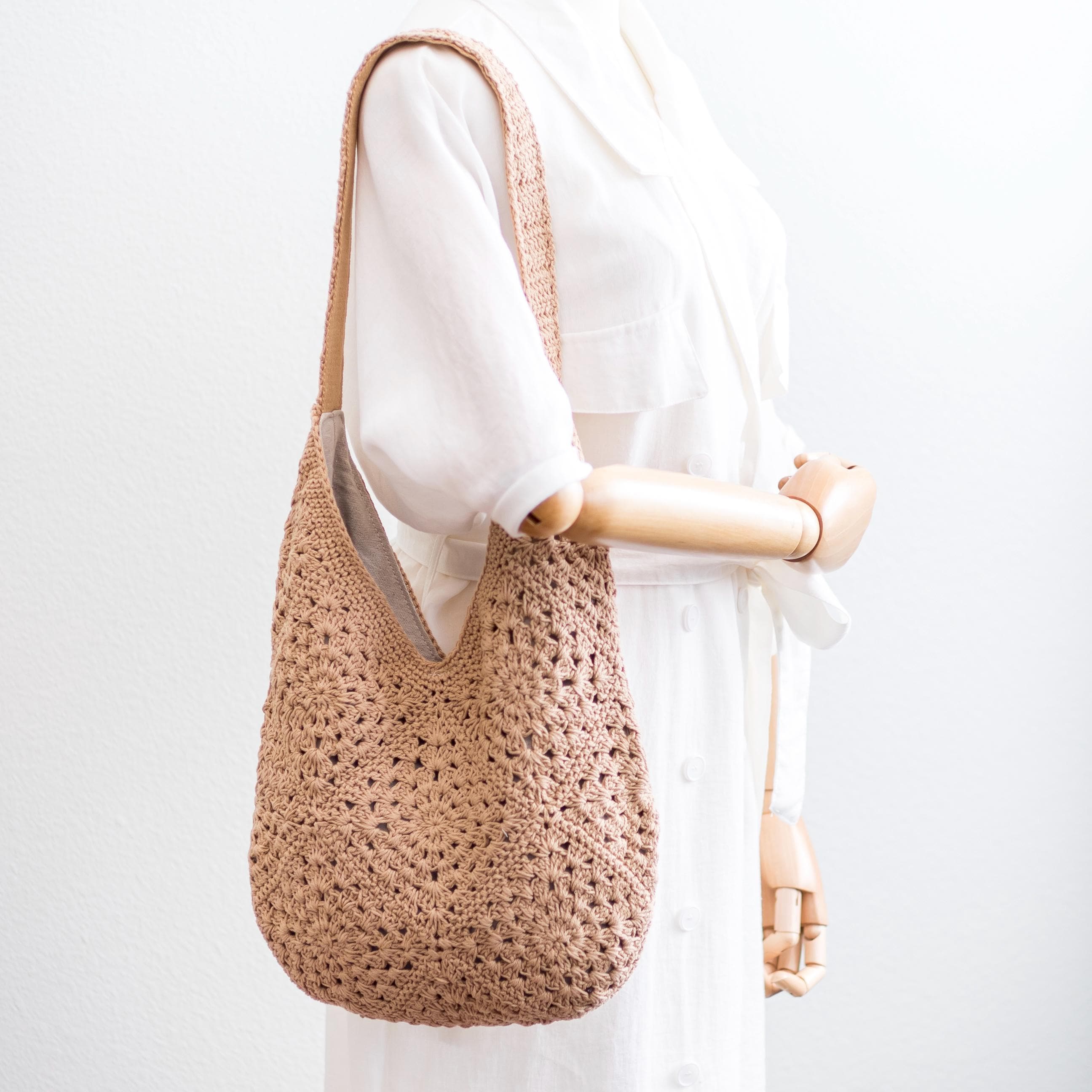 Handmade Crochet Cotton Tote Bag: Boho Chic Lined Shoulder Bag