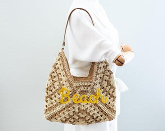 Bolso de hombro bohemio de paja tejida: bolso de playa personalizado