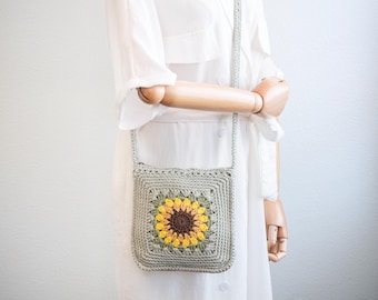 Sunflower Crochet Crossbody Bag: Handmade Cotton Boho Purse