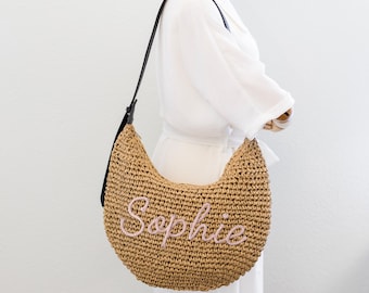 Handmade Straw Boho Crossbody Bag: Woven Half Moon Shoulder Purse