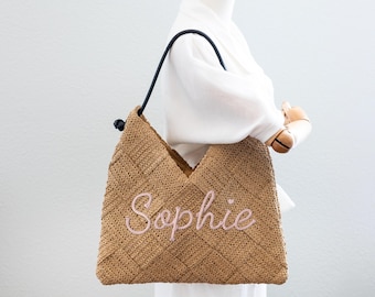 Custom Straw Woven Shoulder Bag, Personalized Gift, Boho Tote, Summer Handbag, Wedding Bachelorette Bridal Shower Engagement Beach Vacation