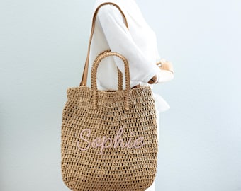 Bolso de mano minimalista personalizado de paja tejida: bolso de hombro vintage, bolso bohemio de verano, bolso de mano de inspiración retro