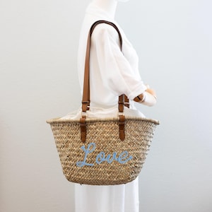 Wicker Rattan Basket Bag – Handmade Straw Tote with Leather Straps, Summer Beach Bag, French Market Style Shoulder Bag