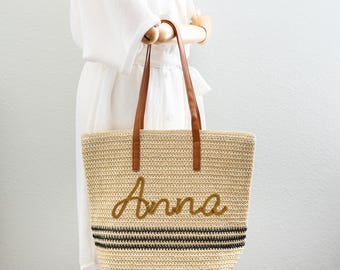 Customized Straw Beach Tote, Striped Woven Shoulder Bag