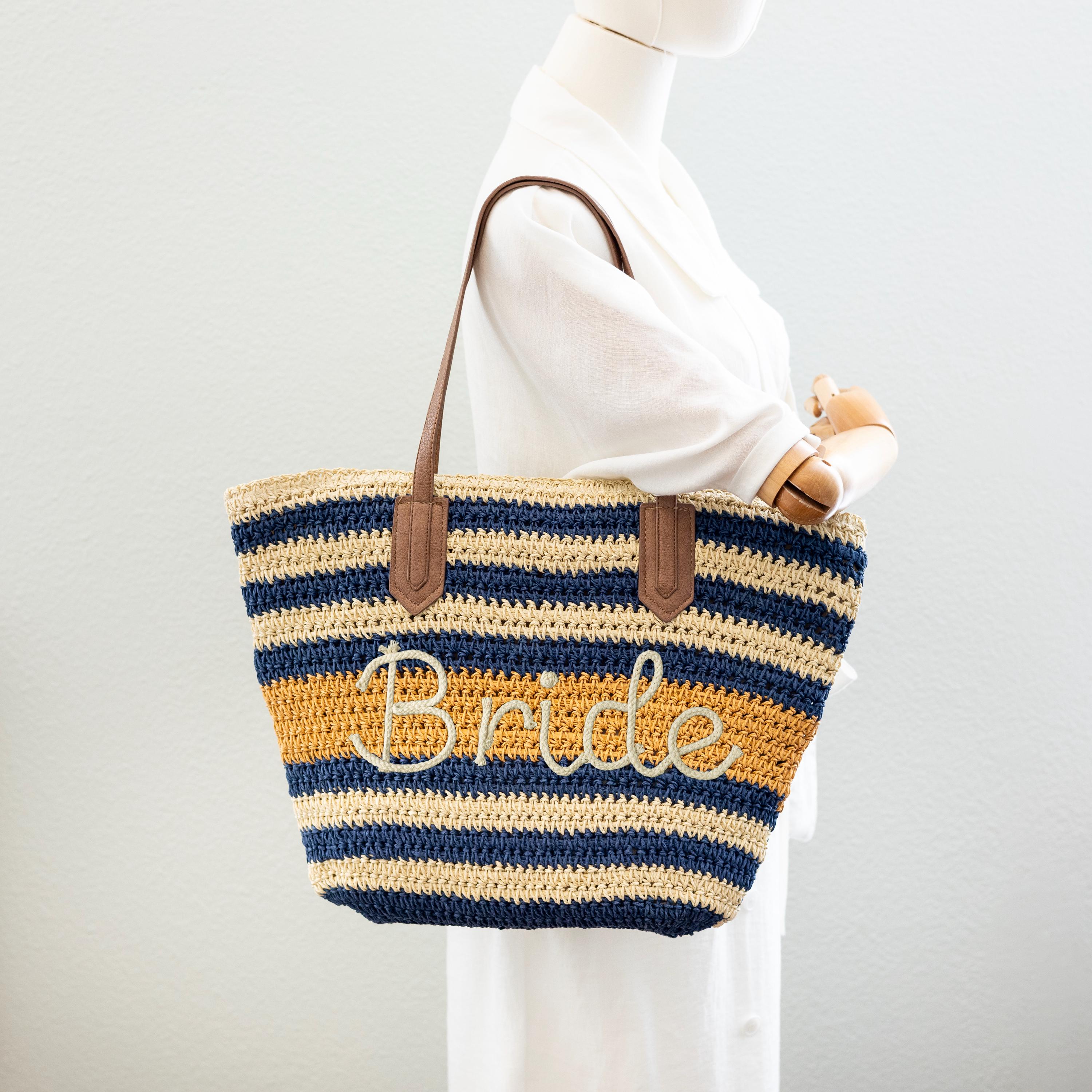 Customized Striped Straw Tote: Handmade Beach Wedding Bridal Bag