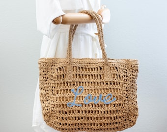 Geweven draagtas van stro: vintage boho-strandschoudertas