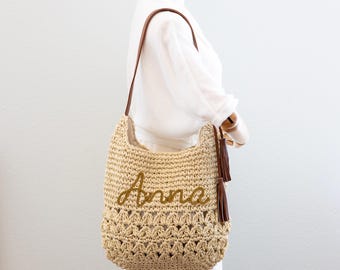 Crochet Straw Shoulder Bag: Handmade Boho Tote with Tassel