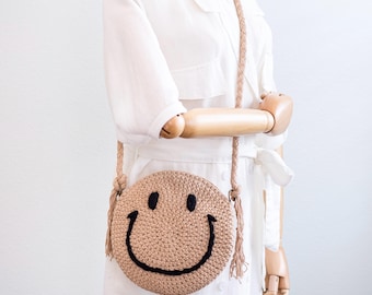 Handmade Smiley Face Crochet Crossbody Bag – Round Cotton Shoulder Bag with Zipper
